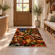 Nutcracker and Mouse King Rug in an entryway with a wooden door and bench