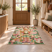 Pastel Pink Nutcracker Rug in an entryway with a wooden door and bench