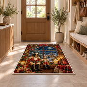 Nutcracker Window Christmas Rug in an entryway with a wooden door and bench