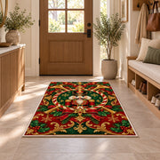 Nutcracker Crest Christmas Rug in an entryway with a wooden door and bench