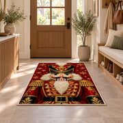 Nutcracker Portrait Christmas Rug in an entryway with a wooden door and bench