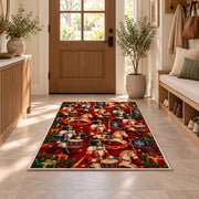 Toy Soldier Parade Christmas Rug in an entryway with a wooden door and bench