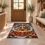 Nutcracker Snow Globe Rug in an entryway with a wooden door and bench