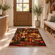 Nutcracker Fireplace Christmas Rug in an entryway with a wooden door and bench