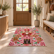 Candy Land Nutcracker Rug in an entryway with a wooden door and bench