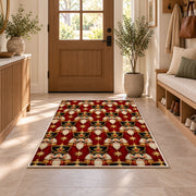 Nutcracker Heads Pattern Rug in an entryway with a wooden door and bench