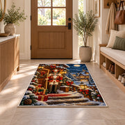 Nutcracker Snowy Cabin Rug in an entryway with a wooden door and bench