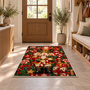 Cute Chibi Nutcracker Rug in an entryway with a wooden door and bench