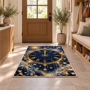 Midnight clock fireworks rug in an entryway with a wooden door and bench