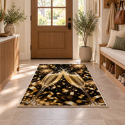 Champagne toast rug in an entryway with a wooden door and bench