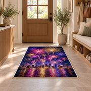 City skyline fireworks rug in an entryway with a wooden door and bench