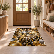 Disco ball and balloons rug in an entryway with a wooden door and bench