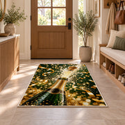 Champagne bottle pop rug in an entryway with a wooden door and bench