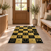 Black and gold checkered New Year rug in an entryway with a wooden door and bench