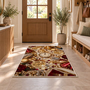 New Year party table rug in an entryway with a wooden door and bench