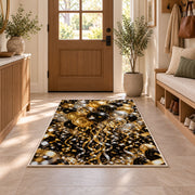 Gold and black balloons rug in an entryway with a wooden door and bench