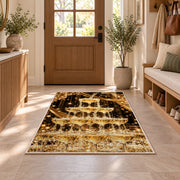 Champagne tower rug in an entryway with a wooden door and bench