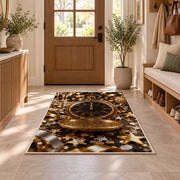 Vintage pocket watch at midnight rug in an entryway with a wooden door and bench
