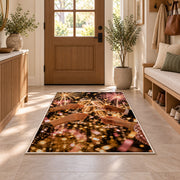 Champagne cheers rug in an entryway with a wooden door and bench