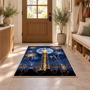 Crystal ball drop rug in an entryway with a wooden door and bench