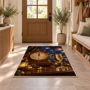 Mantel clock at midnight rug in an entryway with a wooden door and bench
