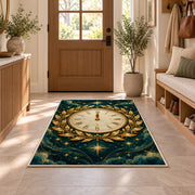 Gold laurel midnight clock rug in an entryway with a wooden door and bench