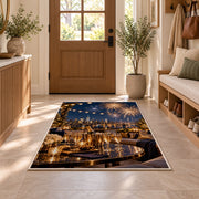 Rooftop party fireworks rug in an entryway with a wooden door and bench