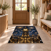 Clock tower midnight fireworks rug in an entryway with a wooden door and bench