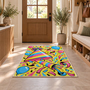 Party hat and noisemaker rug in an entryway with a wooden door and bench