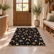 Fireworks and champagne pattern rug in an entryway with a wooden door and bench