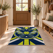 Crossed Pickleball Paddles Rug in an entryway with a wooden door and bench