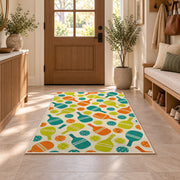 Pickleball Pattern Rug in an entryway with a wooden door and bench