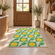 Retro Checkered Pickleball Rug in an entryway with a wooden door and bench