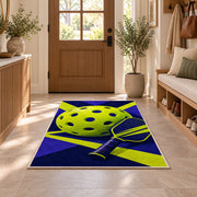Giant Pickleball Rug in an entryway with a wooden door and bench