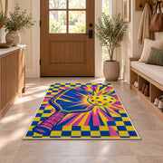 Pop Art Pickleball Rug in an entryway with a wooden door and bench