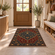 Persian Style Pickleball Rug in an entryway with a wooden door and bench