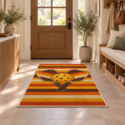 Retro Stripe Pickleball Rug in an entryway with a wooden door and bench