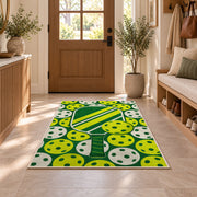 Pickleball Holes Pattern Rug in an entryway with a wooden door and bench