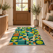 Pickleball Patchwork Rug in an entryway with a wooden door and bench