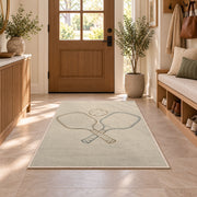 Minimalist Pickleball Line Art Rug in an entryway with a wooden door and bench