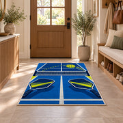 Pickleball Over the Net Rug in an entryway with a wooden door and bench