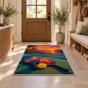 Sunset Pickleball Court Rug in an entryway with a wooden door and bench