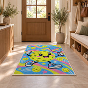 Cute Pickleball Character Rug in an entryway with a wooden door and bench