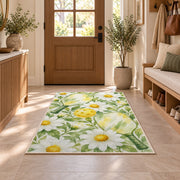 Watercolor Pickleball Daisy Rug in an entryway with a wooden door and bench