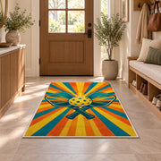 Pickleball Sunburst Rug in an entryway with a wooden door and bench