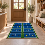 Pickleball Club Courts Rug in an entryway with a wooden door and bench