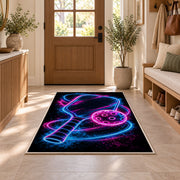 Neon Pickleball Rug in an entryway with a wooden door and bench