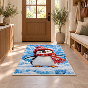 Baby Penguin Rug in an entryway with a wooden door and bench