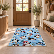 Penguin Pattern Rug in an entryway with a wooden door and bench