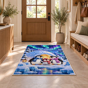 Penguin Igloo Rug in an entryway with a wooden door and bench